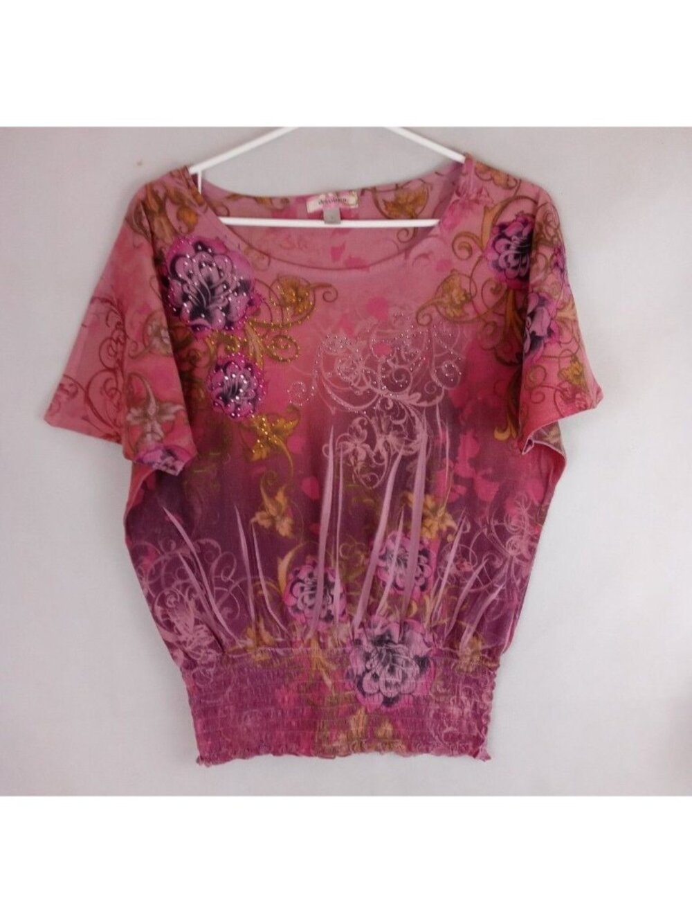 DressBarn Women's Pink Beaded Floral Shirt Size Small 100% Polyester